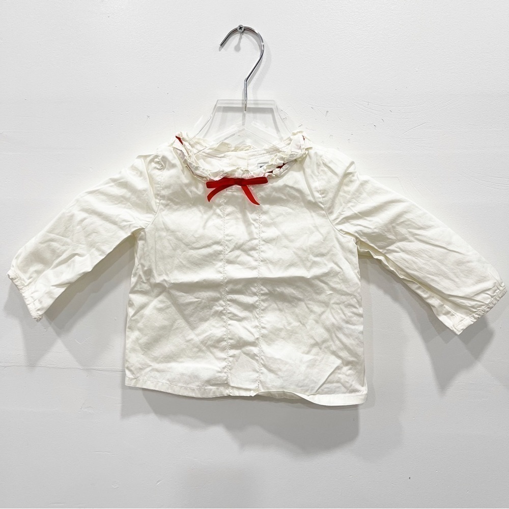 Janie And Jack Ruffle Neckline Ribbon Detail White Blouse Long Sleeve Cotton